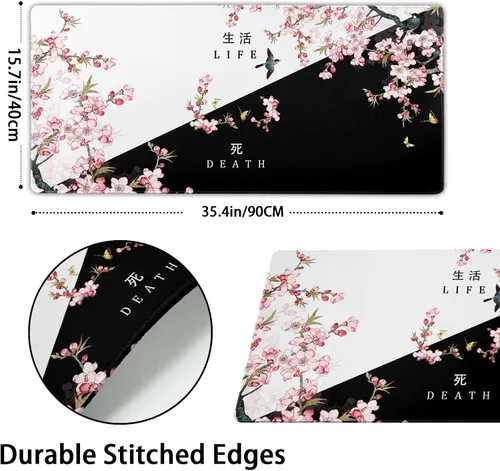 Miniatura 3 de Alfombrilla de mouse XXL para juegos grande, color rosa Sakura Death Life, alfombrilla de escritorio extendida, base de goma antideslizante de 35.4