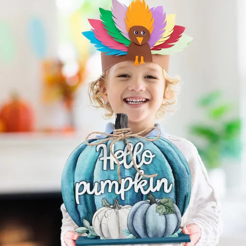 Miniatura 5 de Soaoo Decoración de Acción de Gracias, letrero de madera de otoño con texto en inglés "Hello Pumpkin", decoración de mesa de calabaza de otoño de 11