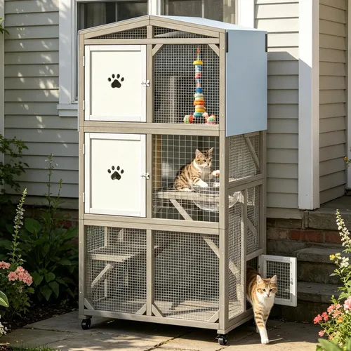 Miniatura 8 de Ketive Catio grande de madera para exteriores de 64", casa para gatos de ventana con ruedas y 3 plataformas, jaula para gatitos con techo resistente