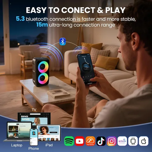 Miniatura 6 de Altavoz Bluetooth con 2 micrófonos inalámbricos recargables, altavoz portátil para fiesta con luces de colores, altavoces de pie compatibles