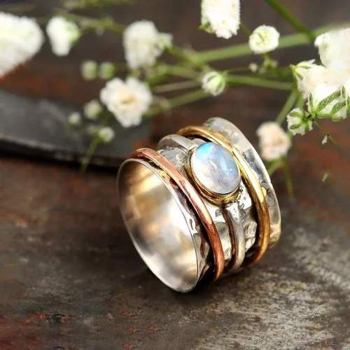 Miniatura 3 de Boho-Magic Anillo giratorio de plata de ley 925 con piedra lunar para mujer con cobre y latón