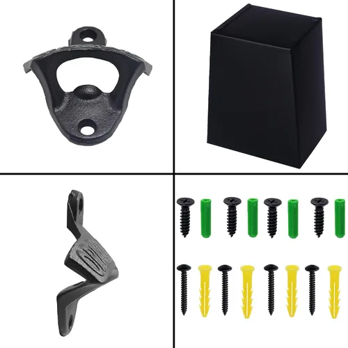 Miniatura 6 de Abridor de botellas de hierro fundido negro montado en la pared, abrebotellas de cerveza con receptor de tapa estrecho (3 abridores y 1 cubo)