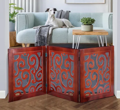 Miniatura 9 de Puerta independiente para perros expandible con valla decorativa de madera para perros pequeños a medianos, barrera para escaleras, puertas