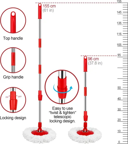 Miniatura 2 de Juego de cubos de fregona para limpieza de suelos con escurridor giratorio de 360°, agua sucia separada con 3 cabezales de fregona de microfibra