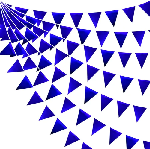 Miniatura 36 de Decoración de fiesta iridiscente de 33 pies, tela holográfica, banderín triangular, banderín de algodón, guirnalda de banderines para cumpleaños