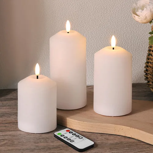 Miniatura 10 de Juego de 3 velas de pilar sin llama color rosa con control remoto, velas LED de cera real que funcionan
