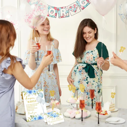 Miniatura 6 de Cartel de 8 x 10 pulgadas para sorteo de pañales con 50 boletos para rifas de pañales, juegos florales azules para baby shower, suministros