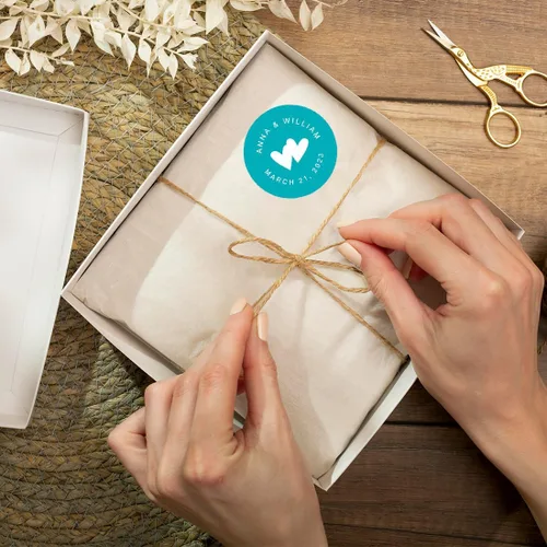 Miniatura 3 de Andaz Press Etiquetas personalizadas de gota de chocolate para boda, nombres y fecha redondos, turquesa aguamarina, paquete de 240, personalizadas