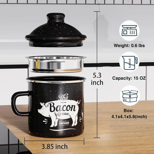 Miniatura 2 de PGYARD Mini Recipiente para Grasa de Tocino con Colador - Ahorrador de Grasa Esmaltado de 15 OZ, Guardador de Grasa de Tocino Estilo Granja