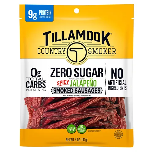 Tillamook Country Smoker - Salchichas ahumadas sin azúcar, sabor jalapeño picante, 4 onzas (1 paquete) Salchichas ahumadas con madera dura