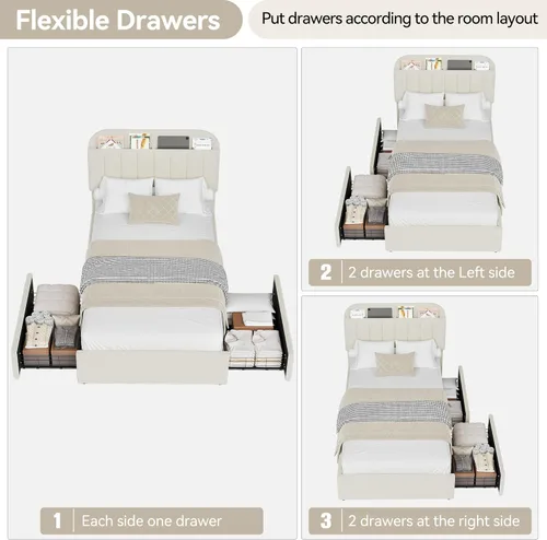 Miniatura 6 de IDEALHOUSE Base de cama individual para niños, cama plataforma tapizada con botones para niños/niñas con 2 cajones flexibles, cabecero tipo