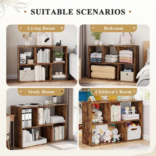 Miniatura 6 de MapleGrace Organizador de almacenamiento de 6 cubos, estantes de almacenamiento de madera con paneles traseros, estantería apilable para sala