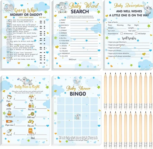 Miniatura 20 de Yinder 145 tarjetas de actividades para juegos de baby shower con 20 lápices, incluye descripción de bingo para bebés y deseos, adivina quién es