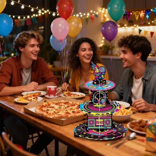 Miniatura 7 de Soporte retro para cupcakes de los años 80, 3 niveles de vuelta a los años 80 para fiesta de discoteca de cartón, bandeja redonda para postres