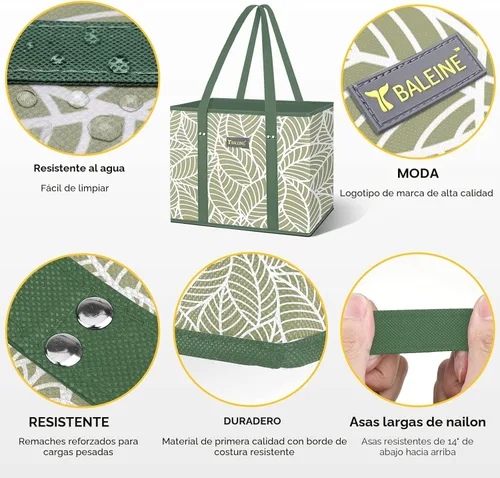Miniatura 3 de BALEINE Paquete de 3 bolsas reutilizables para comestibles, bolsas de compras plegables para comestibles con parte inferior reforzada y asas Follaje