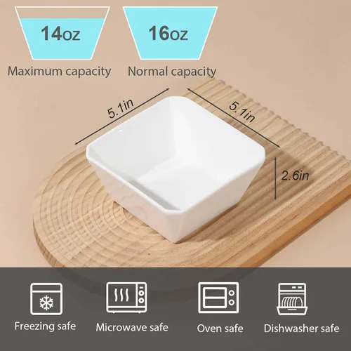 Miniatura 3 de Samsle Juego de 6 cuencos de porcelana para cereales, cuadrados de 16 onzas, cuencos de cerámica blanca de 5 pulgadas para ensalada, sopa