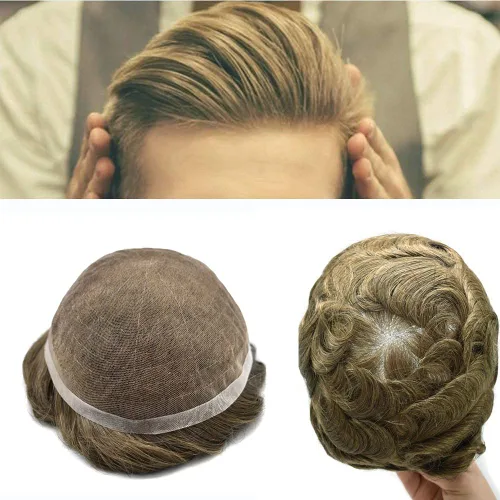 Miniatura 37 de Extensiones de cabello suizo completo para hombre, sistema de reemplazo de cabello humano europeo para hombres