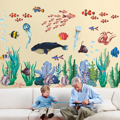 Miniatura 4 de Adhesivo creativo extraíble 3D bajo el mar para pared, diseño de hierba de coral, vida oceánica, despegar y pegar, decoración de pared de peces