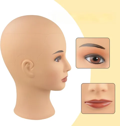 Miniatura 3 de Cabeza de maniquí calvo profesional de cosmetología para hacer pelucas, exhibir pelucas, anteojos con pasadores en T (marrón y rojo, 18.9 pulgadas)