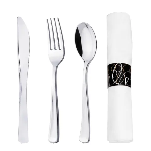 Party Essentials Party Supplies - Juego de cubiertos envueltos desechables, servilletas y cubiertos preenrollados, cucharas, tenedores, cuchillos
