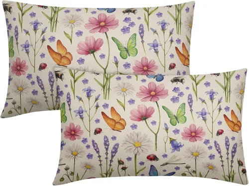 Miniatura 12 de Juego de 2 fundas de almohada de primavera de 16 x 16 pulgadas, diseño de conejo, flores rosas, hojas verdes salvia, plantas botánicas vintage