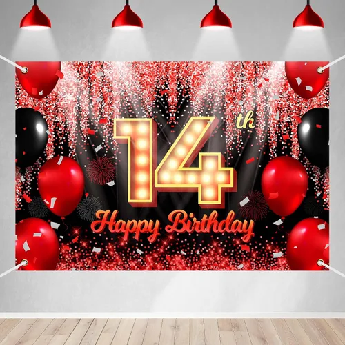Miniatura 12 de Telón de Fondo Banner de Feliz 10º Cumpleaños Tema Negro y Rojo con Fondo de Neón Brillante y Moda para Fiesta de Cumpleaños Fotografía Accesorio