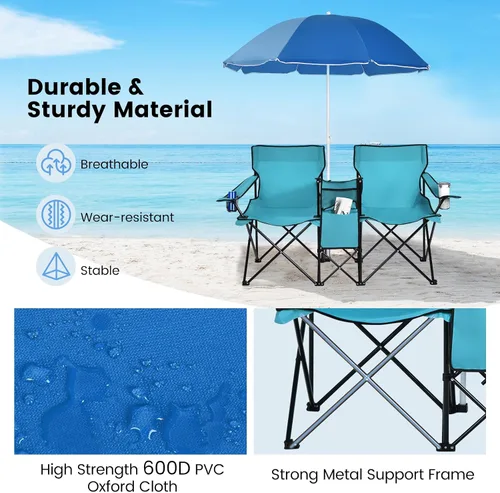 Miniatura 4 de Tangkula Sillas de campamento dobles con paraguas, silla de campamento plegable portátil de 2 asientos con bolsa enfriadora, soporte para bebidas