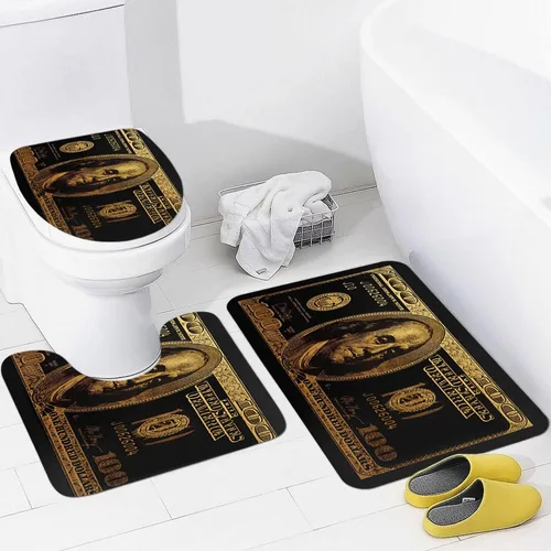 GUBIYU Juego de alfombras de baño de 100 dólares, color negro y dorado, juego de alfombras de baño con dinero, tapete de baño antideslizante en