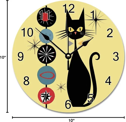 Miniatura 7 de ArogGeld Reloj de pared de gato genial, reloj de madera moderno de mediados de siglo, 10 silencioso, sin tictac, de cuarzo, funciona