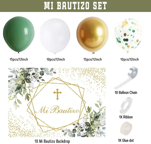 Miniatura 2 de Decoraciones de fiesta de bautismo, con telón de fondo verde Mi Bautizo, pancarta de globos verde salvia, kit de arco de guirnalda de arco