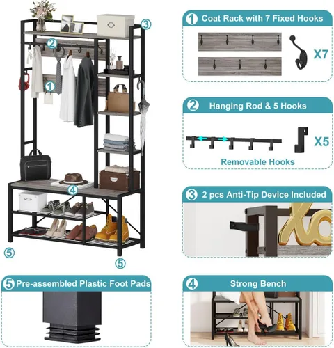 Miniatura 3 de BON AUGURE Árbol de pasillo con banco y almacenamiento para zapatos, banco de entrada con perchero, árbol de abrigos de madera y metal con ganchos