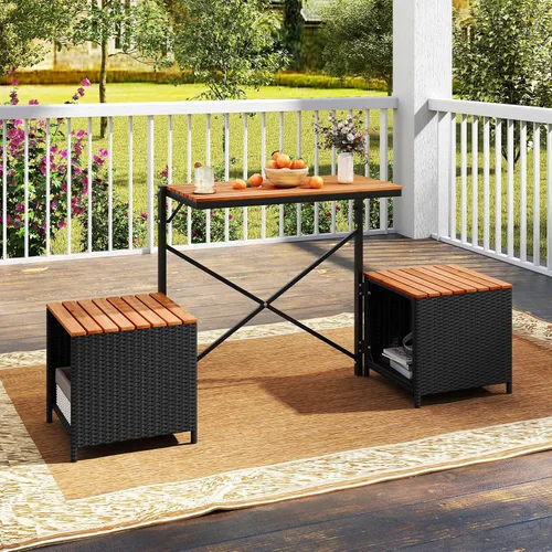 Miniatura 8 de Tangkula Mesa de bar convertible 3 en 1, mesa y sillas plegables para exteriores con marco de metal y ratán tejido, sofá biplaza de madera de acacia