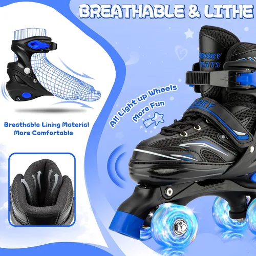 Miniatura 4 de Patines para niños de 3 a 12 años, 4 tamaños ajustables para niños con 8 ruedas iluminadas, patines para niñas Azul-cielo