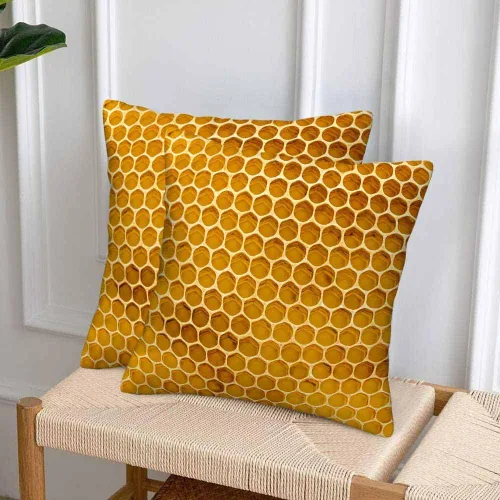 Miniatura 4 de Juego de 2 fundas de almohada de panal de abeja de 18 x 18 pulgadas, color amarillo miel, abstracto, fundas de almohada cuadradas de terciopelo