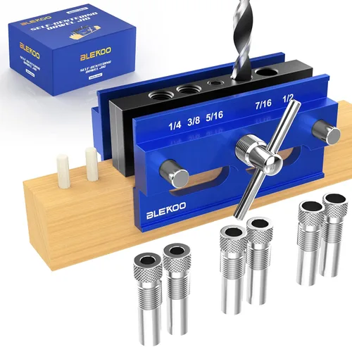 BLEKOO Kit de plantilla de taco autocentrada, plantilla de taladro para agujeros rectos, set de unificador de galletas con 6 bujes de guía de Azul