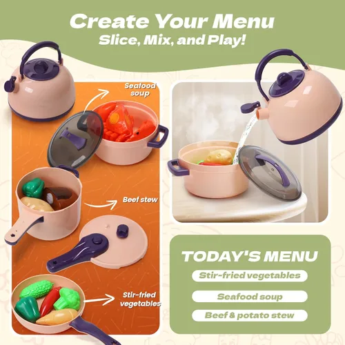 Miniatura 5 de CUTE STONE - Juego de 51 piezas de accesorios de cocina en miniatura para niños, juego de cocina de imitación con ollas, sartenes, utensilios