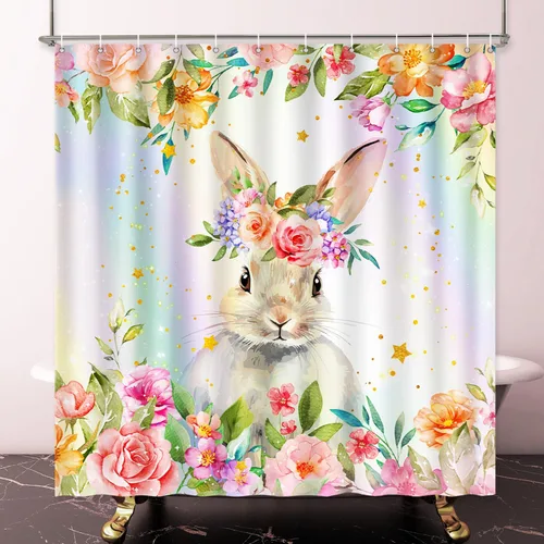 Lokigo - Linda cortina de ducha con conejos, cortinas de ducha divertidas con conejos de Pascua para decoración de baño, cortina de ducha de tela