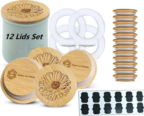 Miniatura 10 de Tapas de Bambú para Frascos de Yogur La Fermiere Paquete de 4 Diseño de Flores Aster Tapas de Bambú con Grabado Floral para Frascos de Cerámica