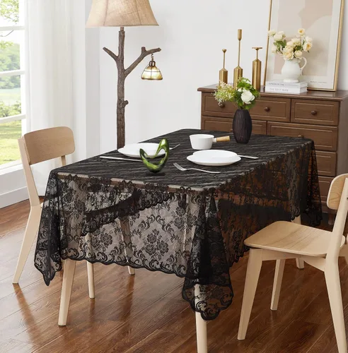 Miniatura 5 de ASATEX Mantel redondo de encaje de lino dorado de 48 pulgadas. El patrón floral clásico y elegante es la elección ideal para cualquier comedor