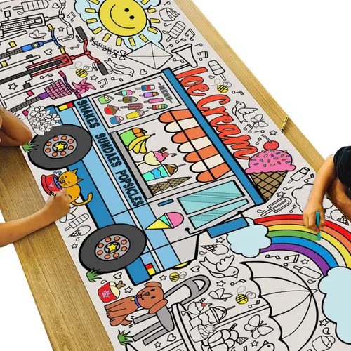 Tiny Expressions Mantel para colorear de helado para niños, enrollado, sin arrugas, 30 x 72 pulgadas, póster grande para colorear para fiestas de