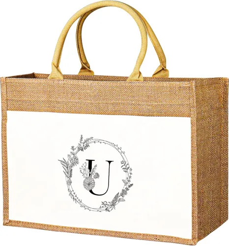 Miniatura 10 de JUSTOTRY Bolsa de mano con inicial, yute natural, grande, 13 onzas, personalizada, bolsa de lona con monograma, regalo para mujer