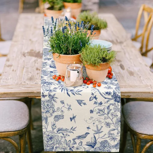 Miniatura 2 de AnyDesign Camino de mesa azul y blanco de 13 x 72 pulgadas, monocromático, pájaros, flores, cubierta de mesa retro floral para cocina, mesas