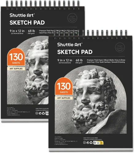 Shuttle Art Bloc de dibujo de 9 x 12 pulgadas, 260 hojas (68 libras/3.53 oz/m²), paquete de 2, 130 hojas cada una, cuaderno de bocetos encuadernado