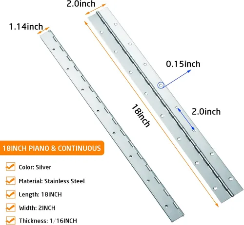 Miniatura 2 de 2 piezas de bisagra de piano de acero inoxidable de 2" x 18", bisagra de piano resistente de 0.060" / 1/16” de espesor con agujeros, bisagras