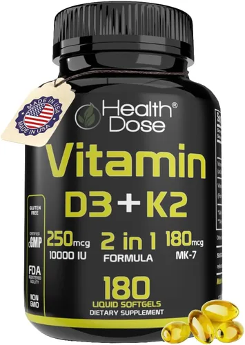 Health Dose Suplemento de vitamina D3 10,000 UI + K2 (MK7), fórmula 2 en 1, apoyo inmunológico, un estado de ánimo saludable, corazón,