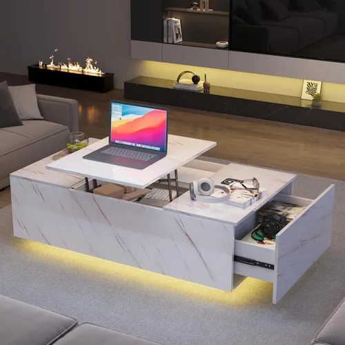 Miniatura 5 de Mesa de Centro LED Moderna de 47" con 2 Cajones, Mesa Central de Doble Capa de Alto Brillo con Carga Inalámbrica y Altavoz Bluetooth Integrado, Mesa