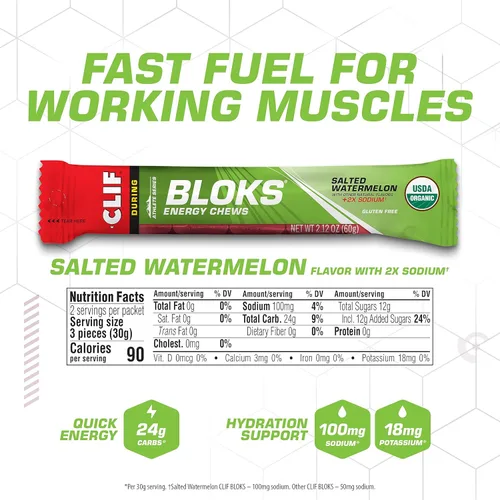 Miniatura 2 de CLIF BLOKS - Sabor sandía salada con 2X sodio - Masticables energéticos - Sin OGM - A base de plantas - Combustible rápido para ciclismo y correr
