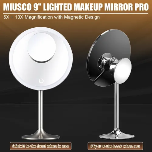Miniatura 2 de Espejo de maquillaje de 9 pulgadas con luces, aumento de 5X y 10X, diseño magnético delantero/trasero, recargable e inalámbrico, atenuación táctil