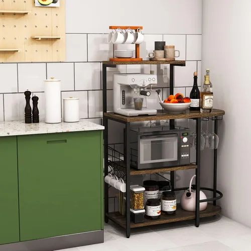 Miniatura 2 de Giantex Estante de cocina para panaderos, soporte para microondas de 4 niveles con 6 ganchos y estantes para copas, estante superior desmontable