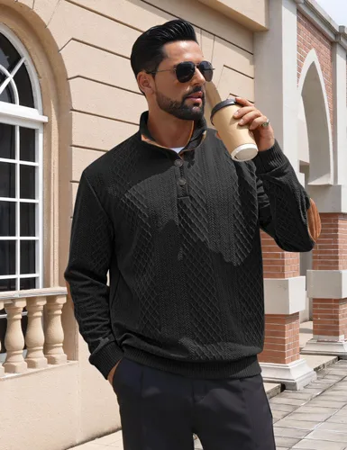 Miniatura 2 de Suéter de manga larga para hombre, casual, con botones de un cuarto, con cuello alto, sudadera con capucha